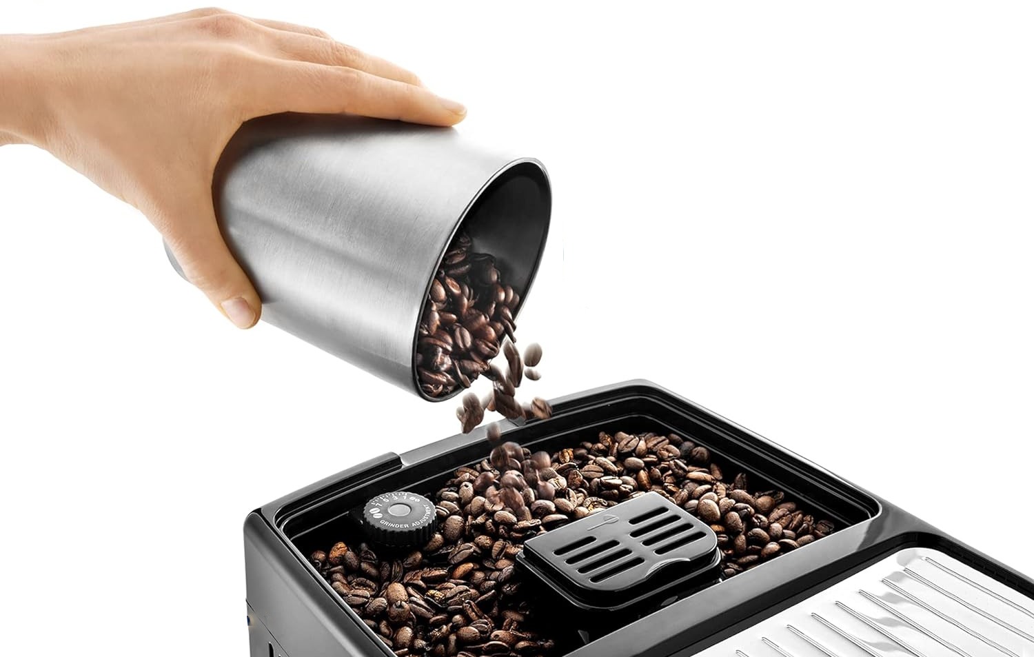 Delonghi Dinamica Latte avec afficheur : réservoir à café de 300 grammes.