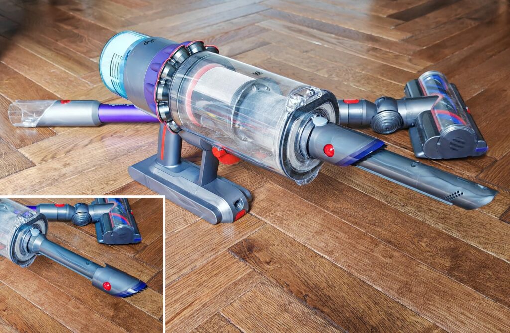 Le suceur long et rond avec brosse 2-en-1 est intégré dans le manche du Dyson Gen5 Detect. (c) Labo Maison