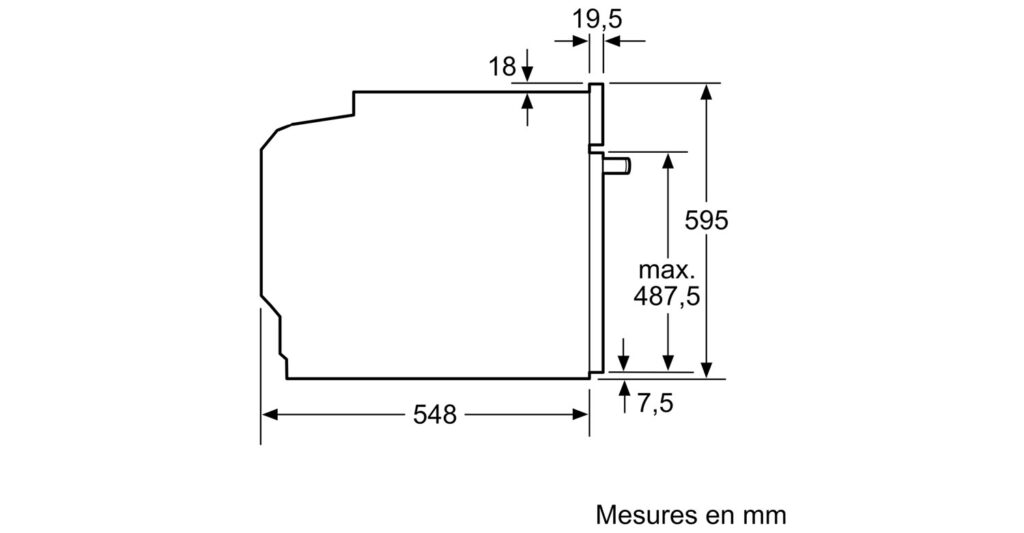 Dimensions du four encastrable Siemens HB675GBS1 : 595 x 595 x 548 mm (HxLxP).