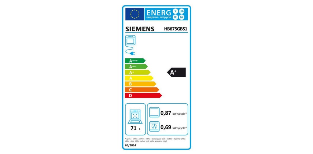 Four encastrable Siemens HB675GBS1 : étiquette énergie A+.