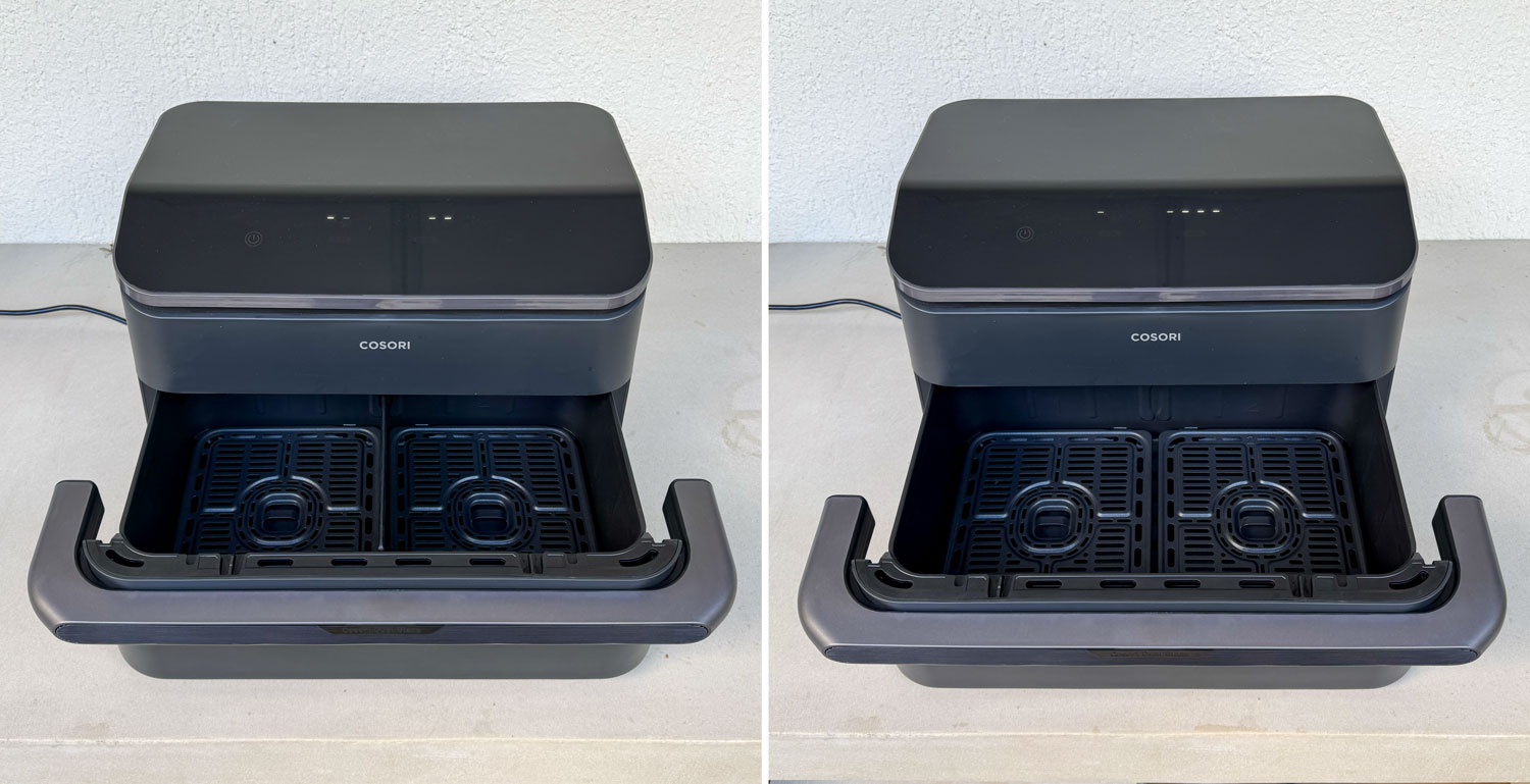 Bac du Cosori Dual Blaze TwinFry avec et sans cloison séparatrice