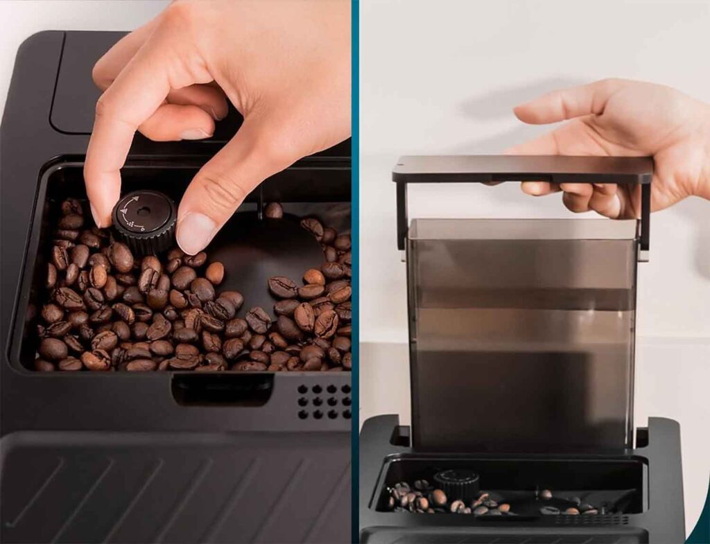 La machine dispose d'un réservoir à grains d'une capacité de 150 gramme et d'un réservoir d'eau de 1,1 litre. (c) Labo Maison