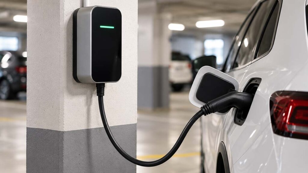 Voiture électrique branchée à une borne dans un parking souterrain