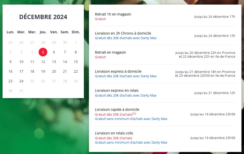 Dates limites de livraison pour Noël chez Darty