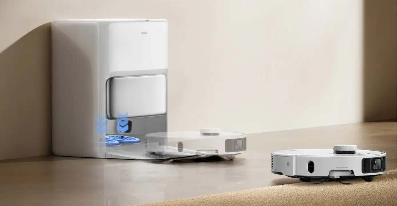 Le Mova P50 Pro Ultra peut déposer ses serpillères à la station avant d’aller aspirer les tapis en profondeur.