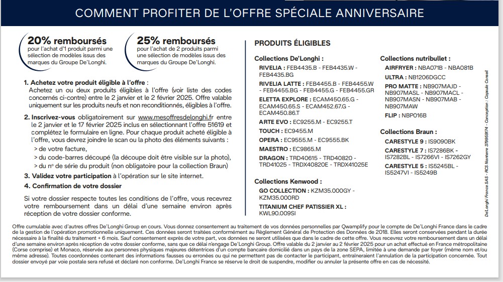 Offre de remboursement Delonghi du 02/01 au 02/02/25