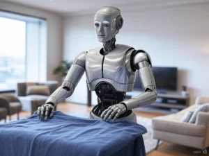 Un robot humanoïde qui plie du linge. Illustration créée par Grok.