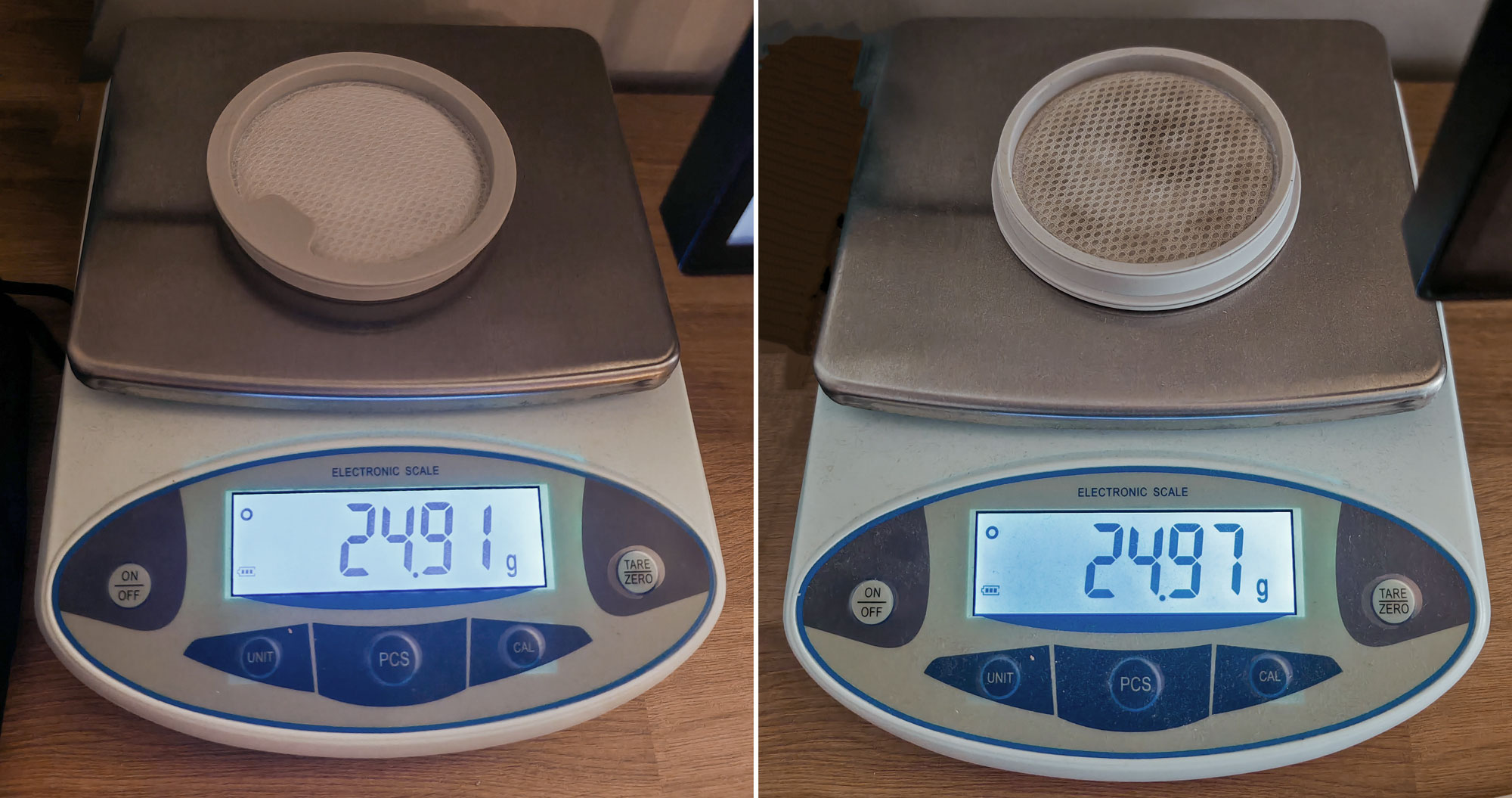 Filtre très peu encrassé : 0,06 g après 2 semaines d’usage intensif. Entretien simple et efficace. (c) Labo Maison