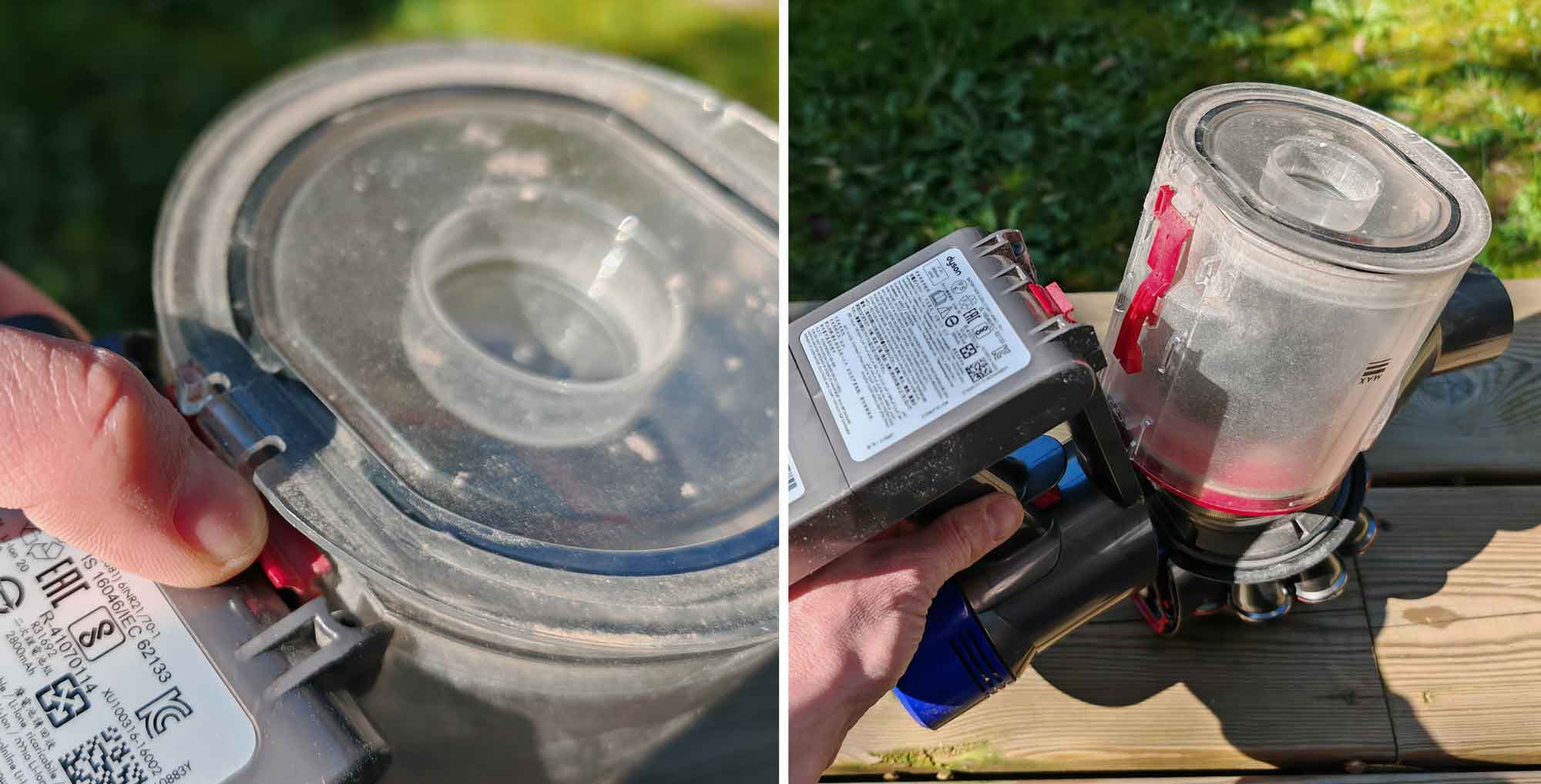 Le collecteur séparé du corps du Dyson V8. (c) Labo Maison