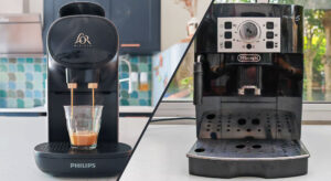 À gauche, une cafetière à capsules compacte ; à droite, une machine automatique avec broyeur, plus volumineuse. (c) Labo Maison