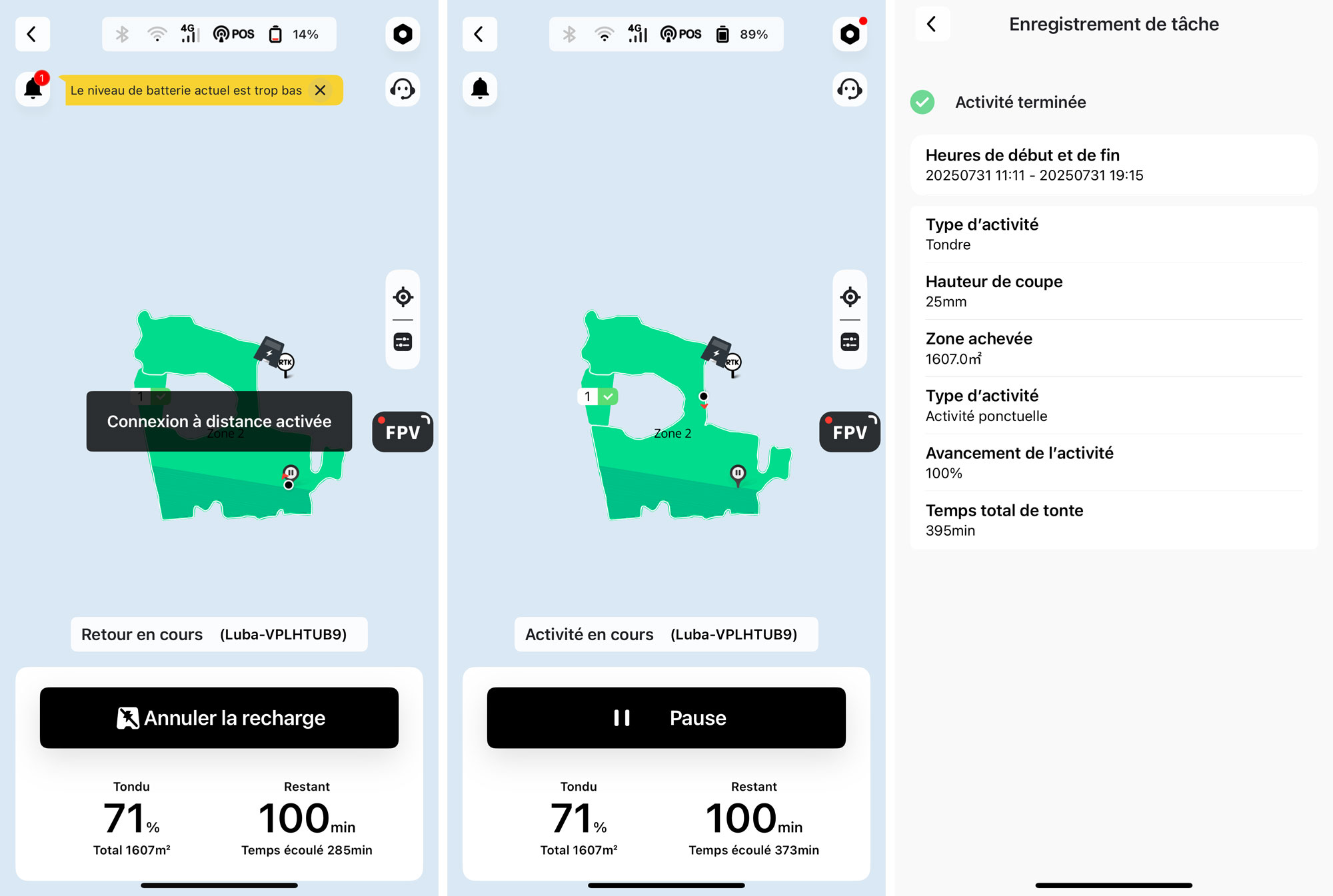Interface de l’application Mammotion montrant les réglages de zones, hauteurs de coupe et planification