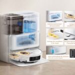 La station du Mova P50 Ultra aspire, lave à l'eau chaude (75°C) et sèche les serpillères à l'air chaud (45°C).