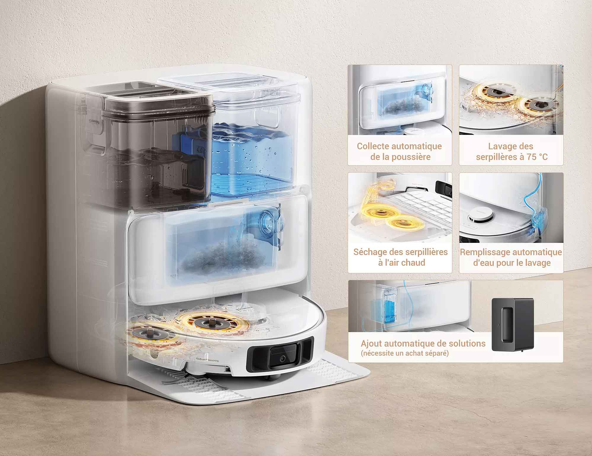 La station du Mova P50 Ultra aspire, lave à l'eau chaude (75°C) et sèche les serpillères à l'air chaud (45°C).
