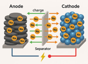 La batterie sodium-ion remplace le lithium par du sodium, tout en conservant le même principe de fonctionnement. (c) Dall.E