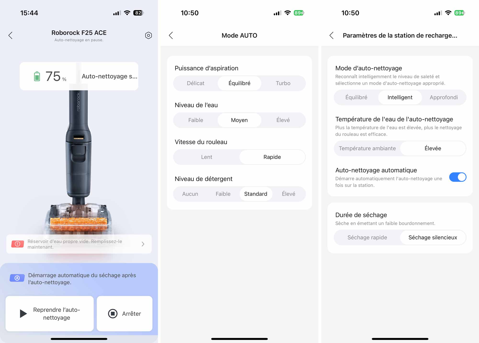 L'app Roborock permet d'ajuster l’aspiration, l’eau, le détergent et le nettoyage du rouleau. © Labo Maison