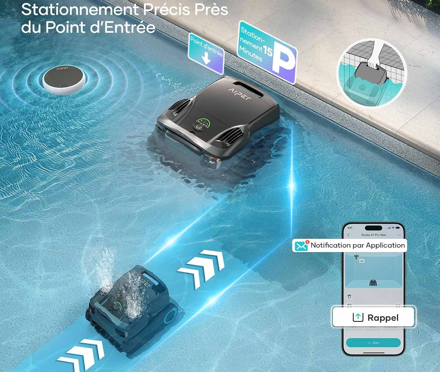 Une fois le cycle terminé, le robot remonte à la surface pour être récupéré facilement.