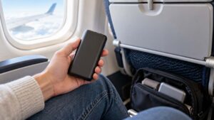 Passager tenant une batterie externe à bord d’un avion