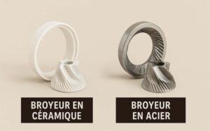 Broyeur en céramique ou en acier : découvrez les différences pour bien choisir votre machine à café à grain. (c) Dall.E