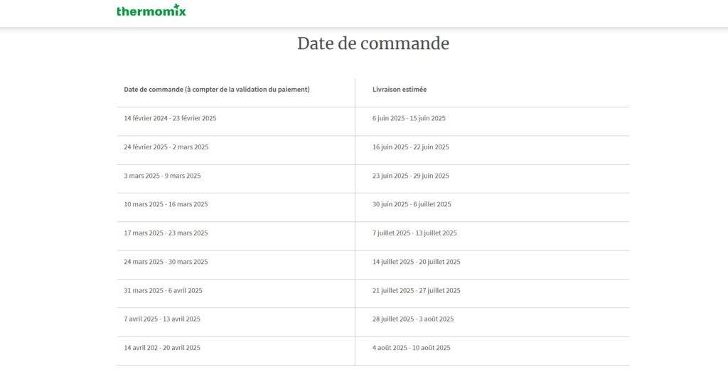Calendrier prévisionnel des livraisons de Thermomix TM7