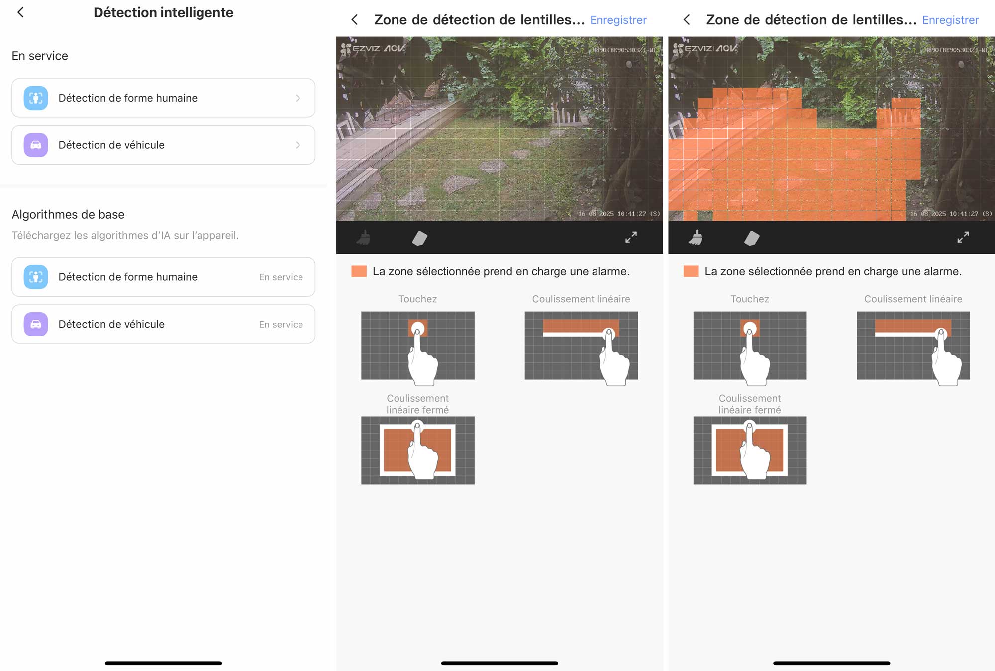 Paramètres de détection de l’application Ezviz pour la caméra HB90 avec personnes, véhicules et zones personnalisées