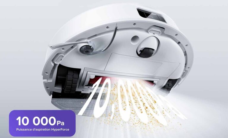 Roborock Q10 S5 : aspiration puissante de 10 000 Pa pour éliminer poussières, poils et débris.