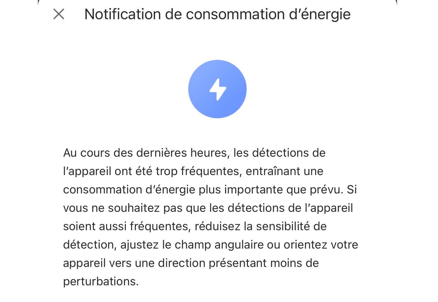 Notification de l’application Ezviz indiquant une surconsommation d’énergie liée à la détection trop fréquente des mouvements