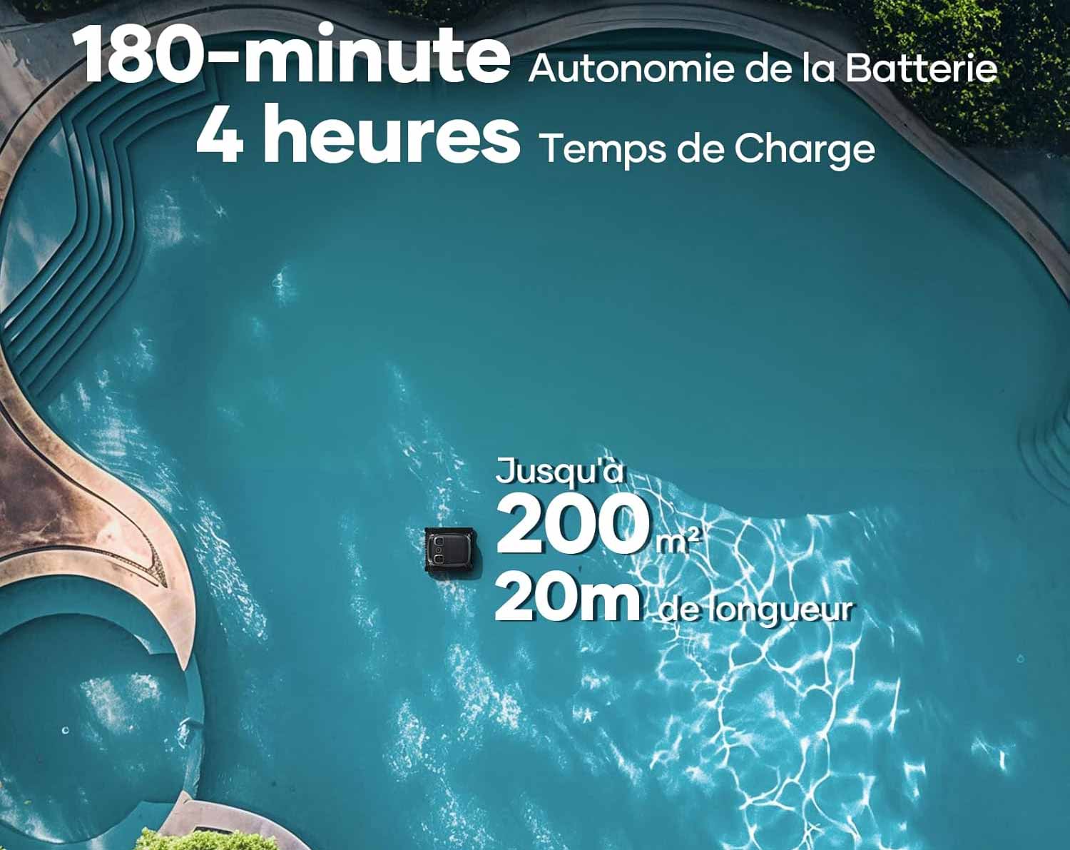 Aiper Scuba S1 Pro affichant 180 minutes d’autonomie et temps de recharge de 4 h.