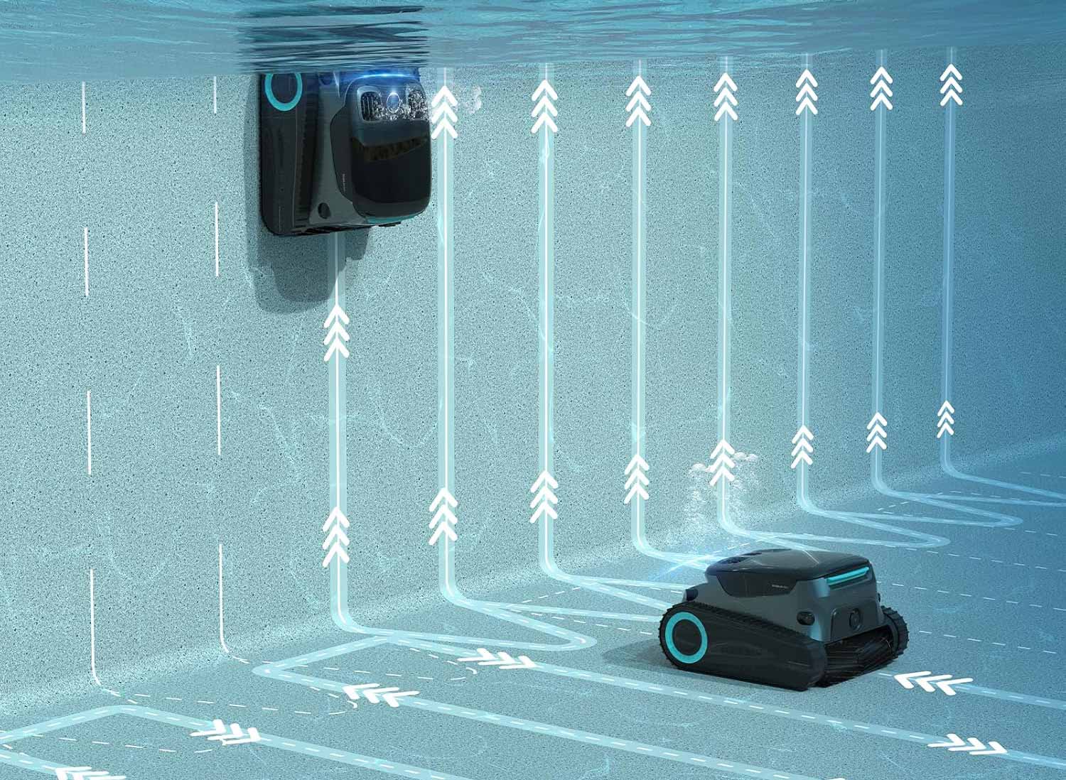 Robot Aiper Scuba S1 Pro analysant la piscine avec la navigation WavePath 2.0.