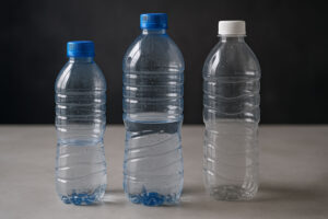 Trois bouteilles en plastique à usage unique : attention aux risques de réutilisation. (c) LaboMaison / Dalle.E