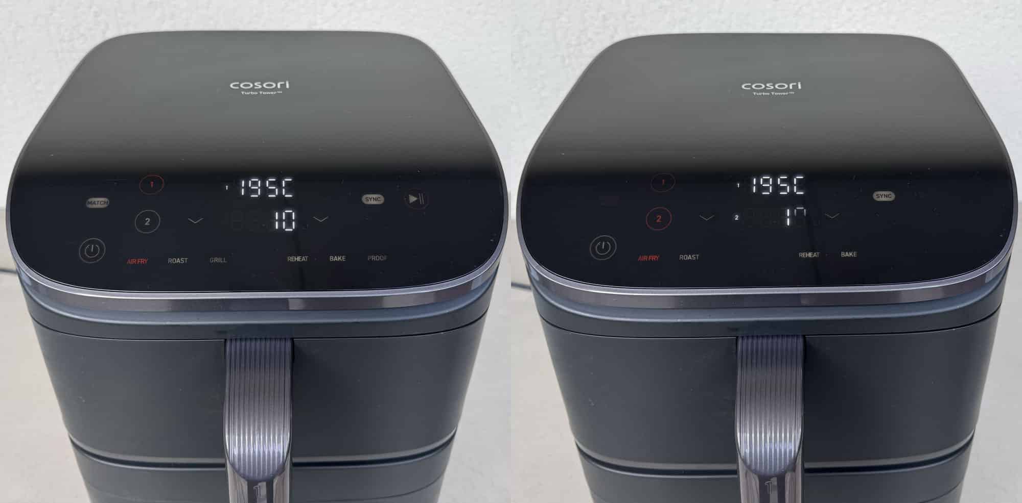 Panneau de commande du Cosori Turbo Tower Standard avec fonctions Sync et Match