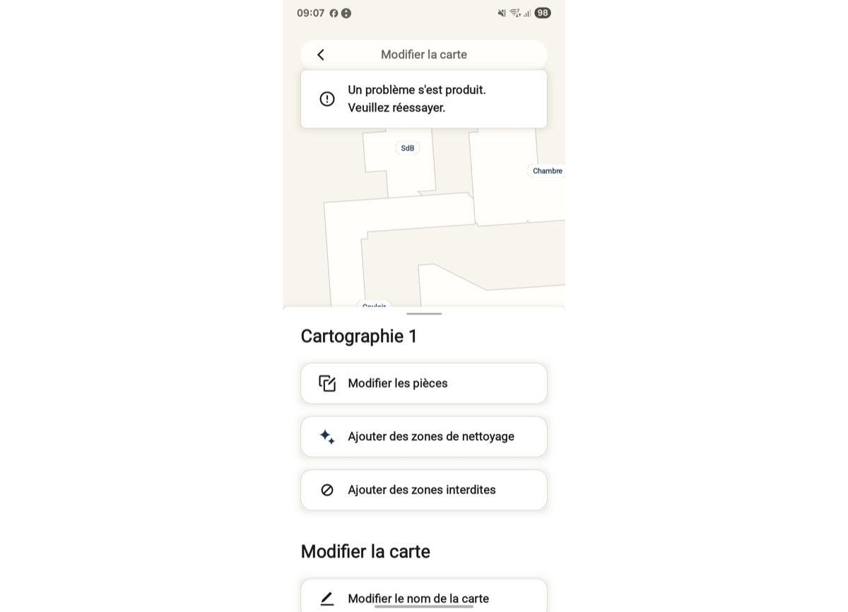 L’application Roomba affiche une erreur lors de la division d’une pièce.