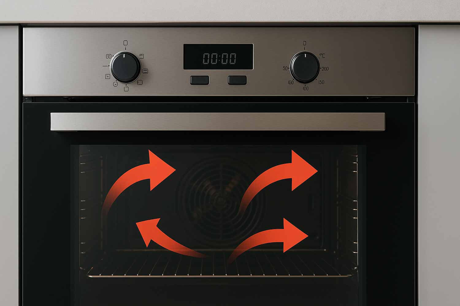Four moderne en inox avec flèches rouges illustrant la circulation d’air en phase de ventilation.