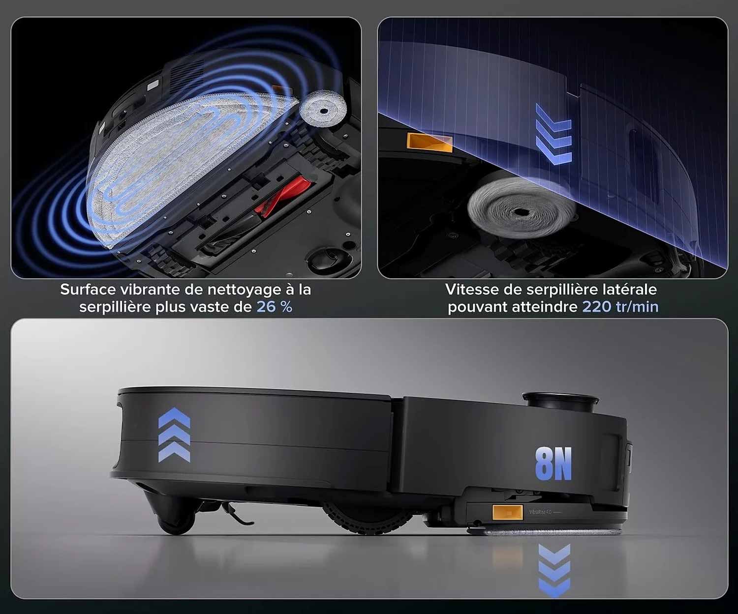 Lingette vibrante du Roborock Saros 10 R&D avec pression de 8 N et patin latéral.