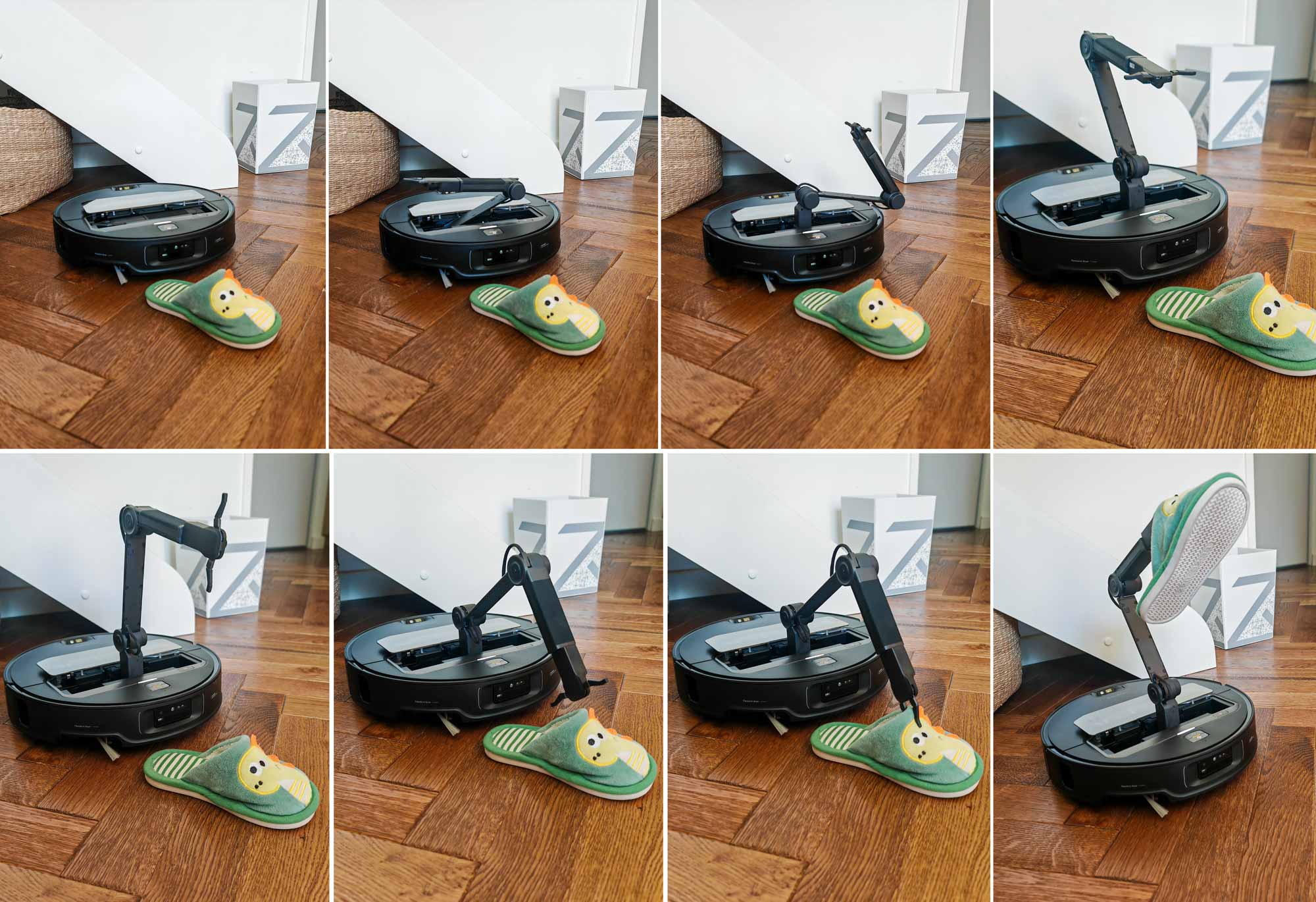 Étapes du Roborock Saros Z70 pour saisir un chausson avec son bras robotisé