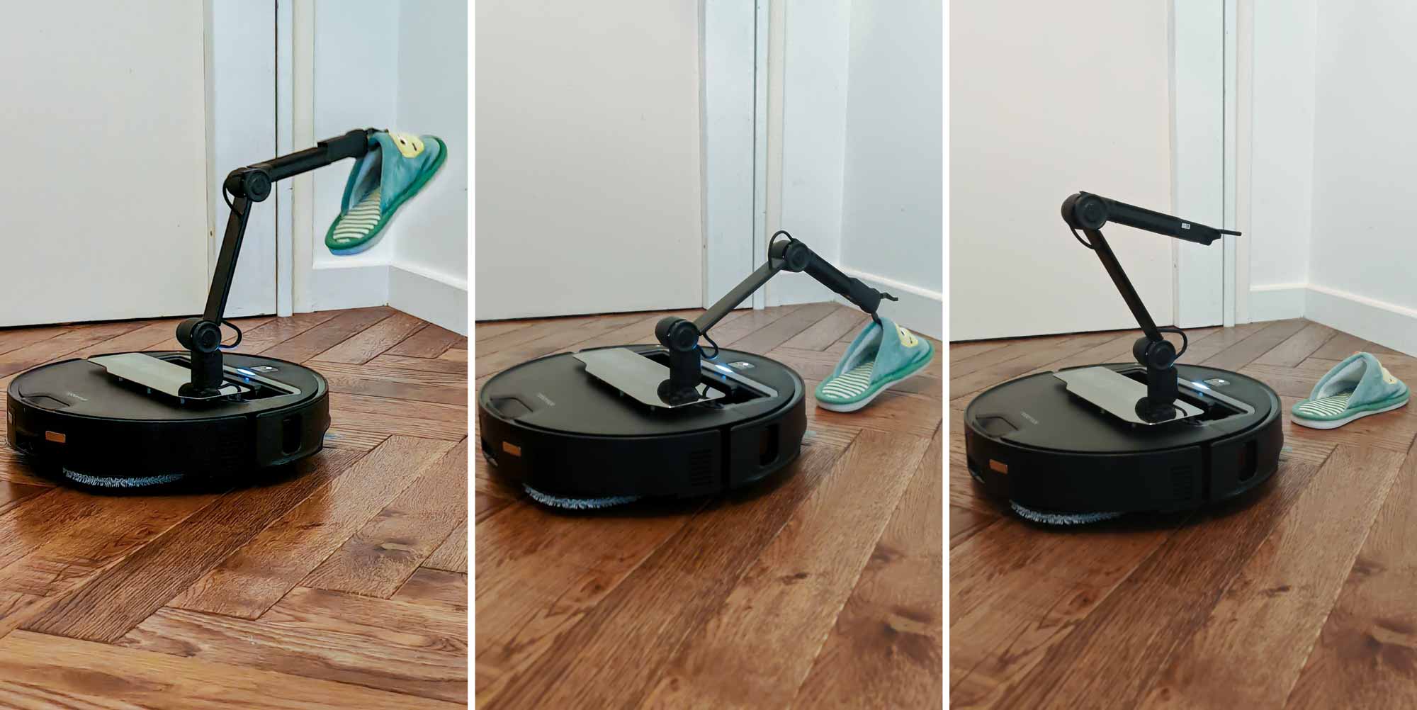 Roborock Saros Z70 transportant un chausson vers la zone de rangement