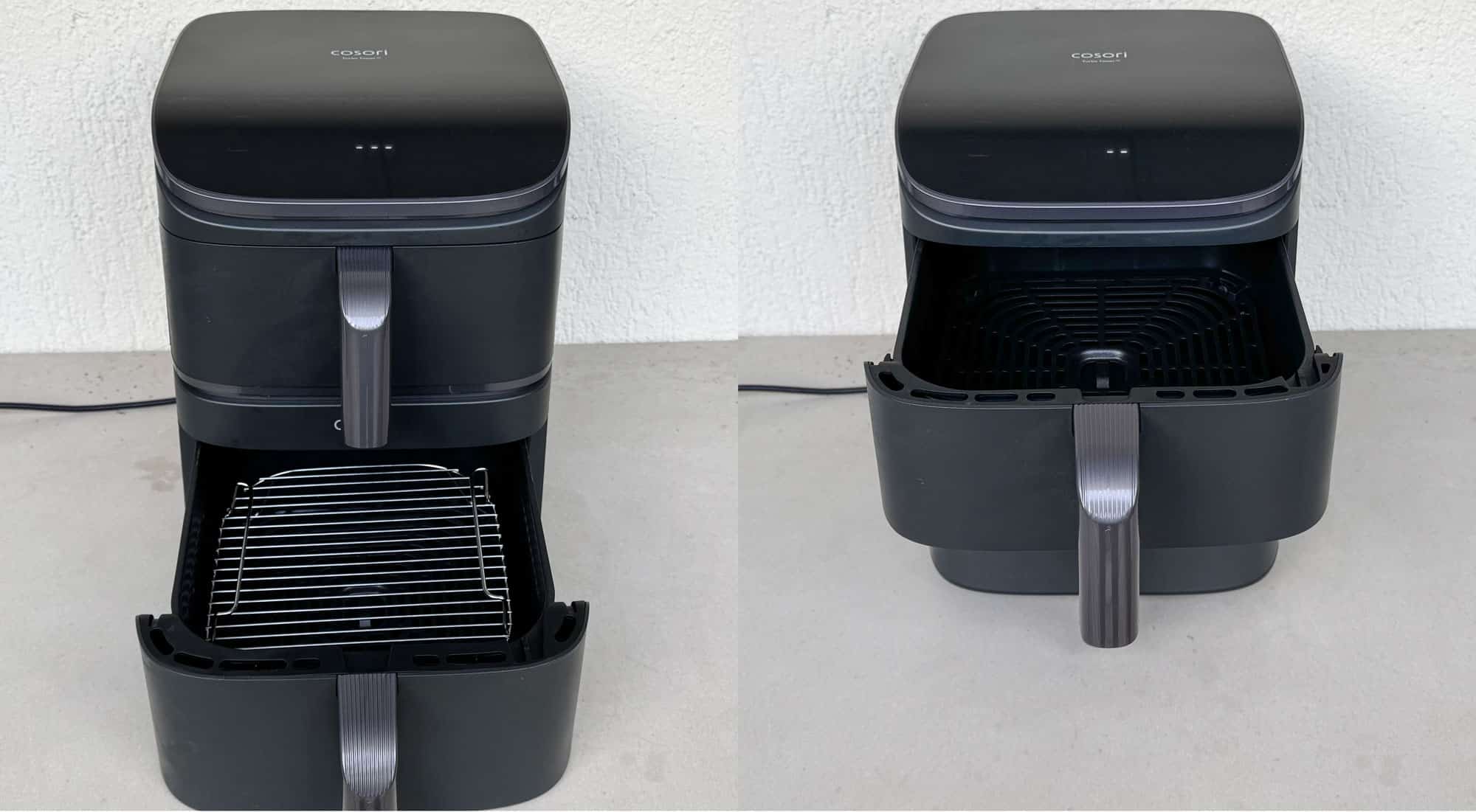 Les deux tiroirs du Cosori Turbo Tower Standard, supérieur et inférieur