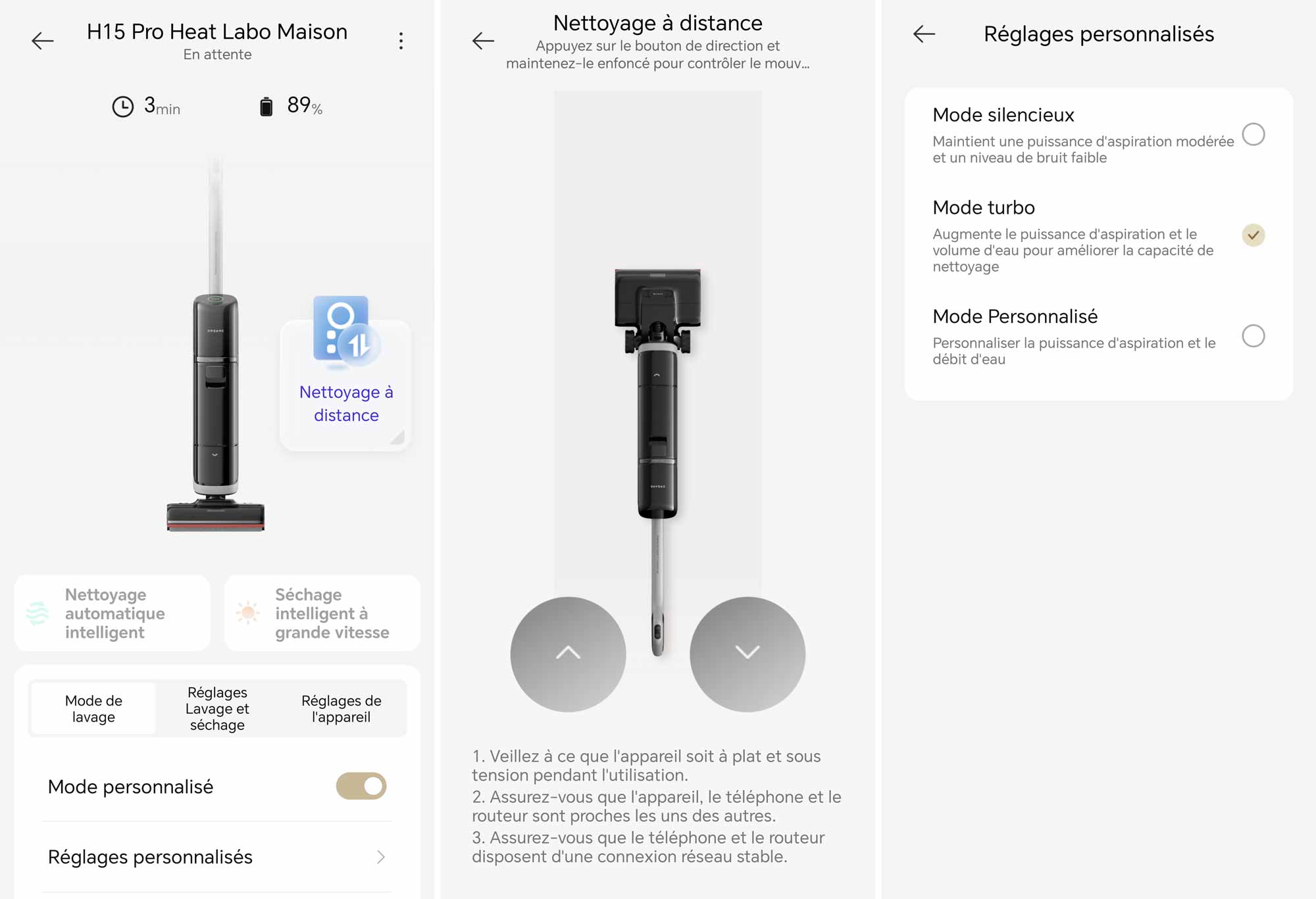Interface de l’application Dreame avec l’aspirateur laveur connecté.