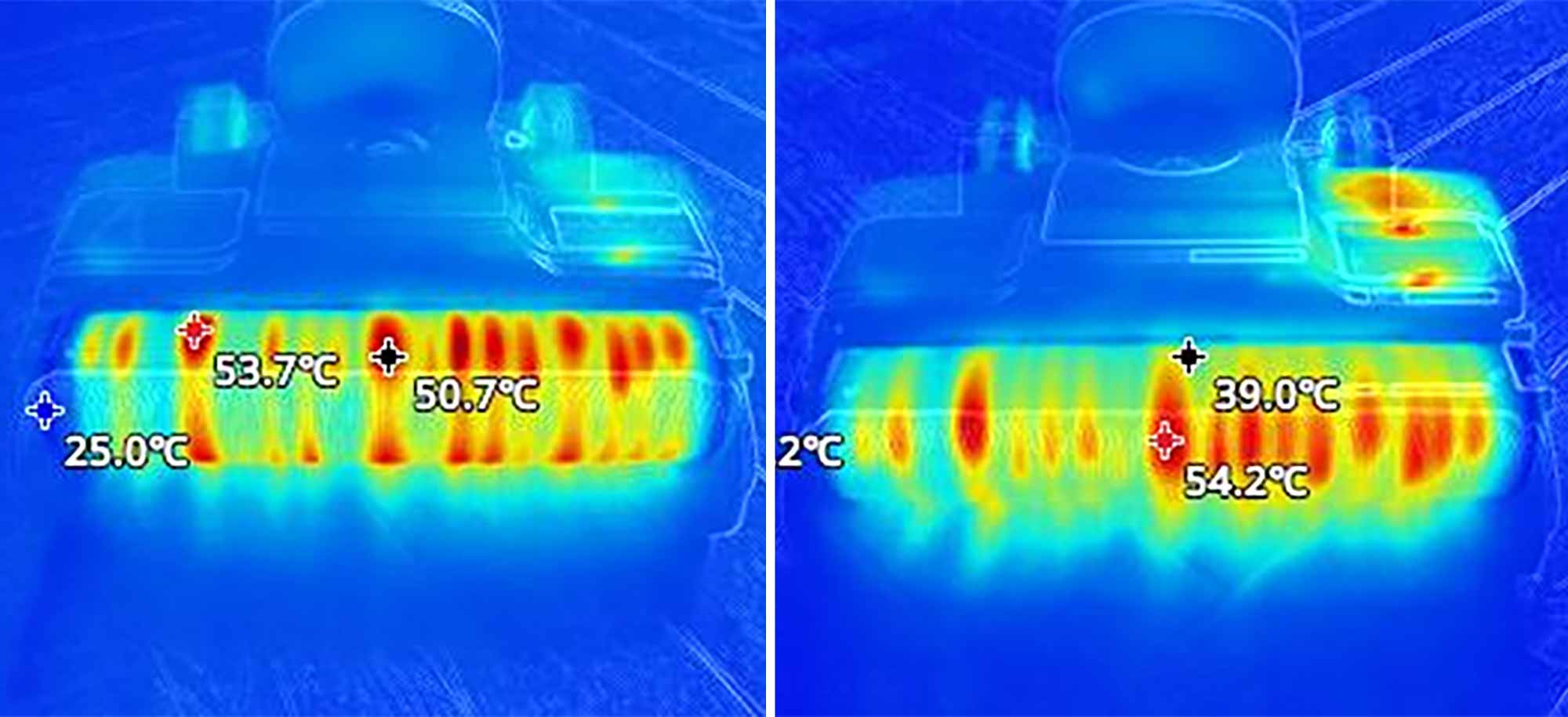 Image thermique comparant les températures des modes “chaud” et “très chaud” sur la brosse.