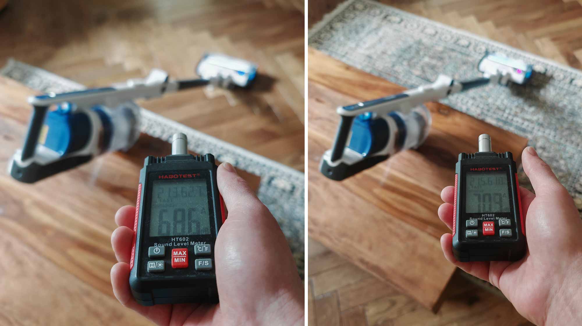 68,6 dBA sur sol dur, 70,4 dBA sur tapis : un bruit présent mais dans la moyenne. © Labo Maison