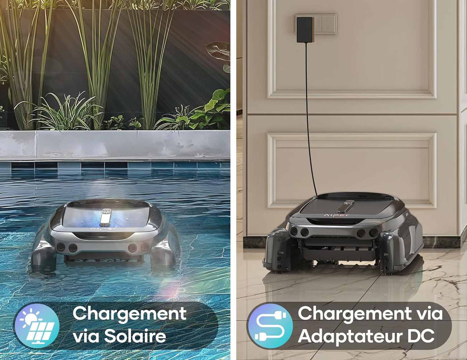 Options de recharge du robot Surfer S1 avec panneau solaire intégré et adaptateur secteur.