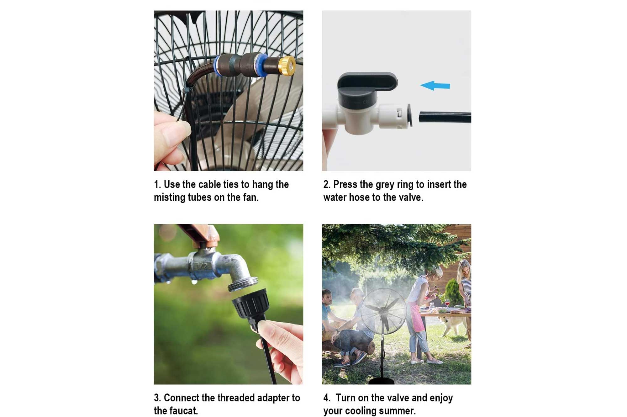 Installation d’un kit de brumisation sur un ventilateur de terrasse, avec buses en laiton fixées autour de la grille.