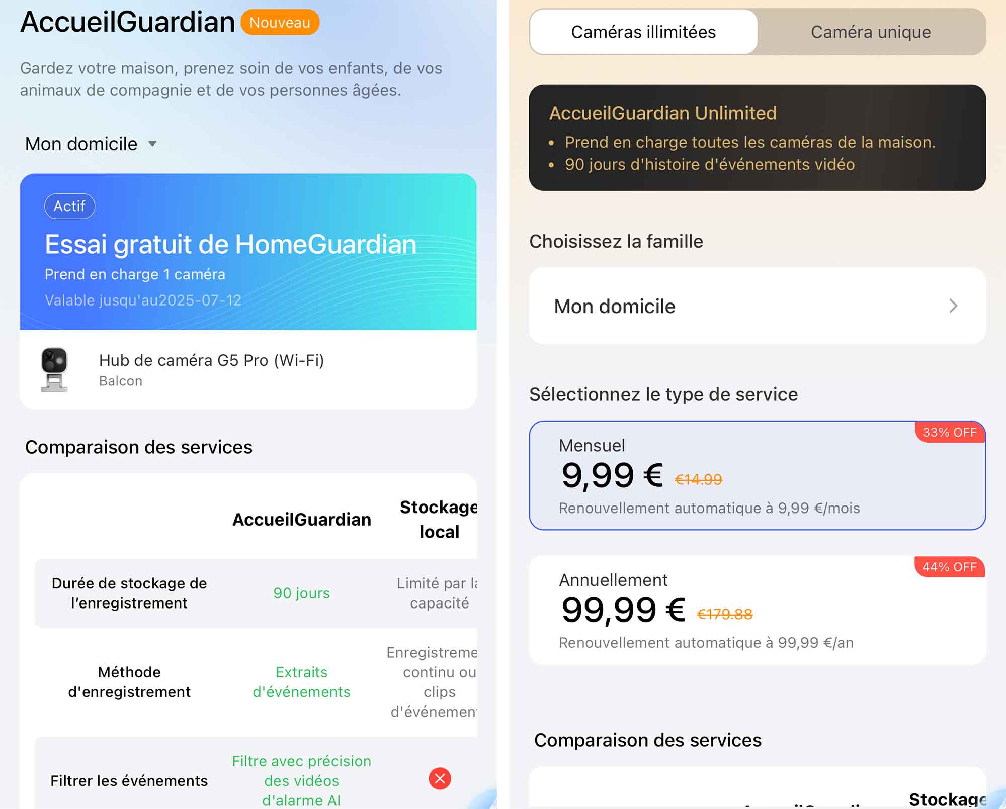 Écran de l’application Aqara Home affichant les options premium du service Guardian.