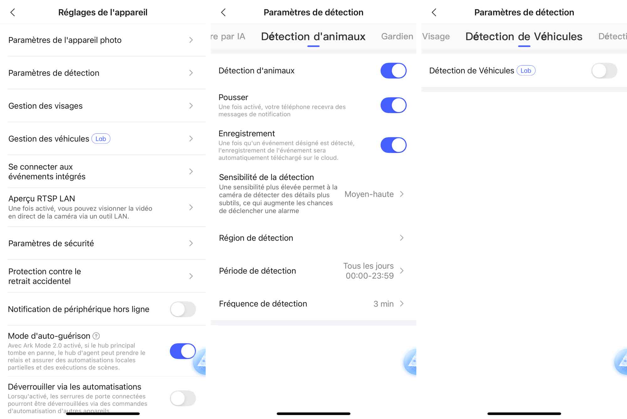 Interface de l’application Aqara montrant les réglages de détection de mouvement.