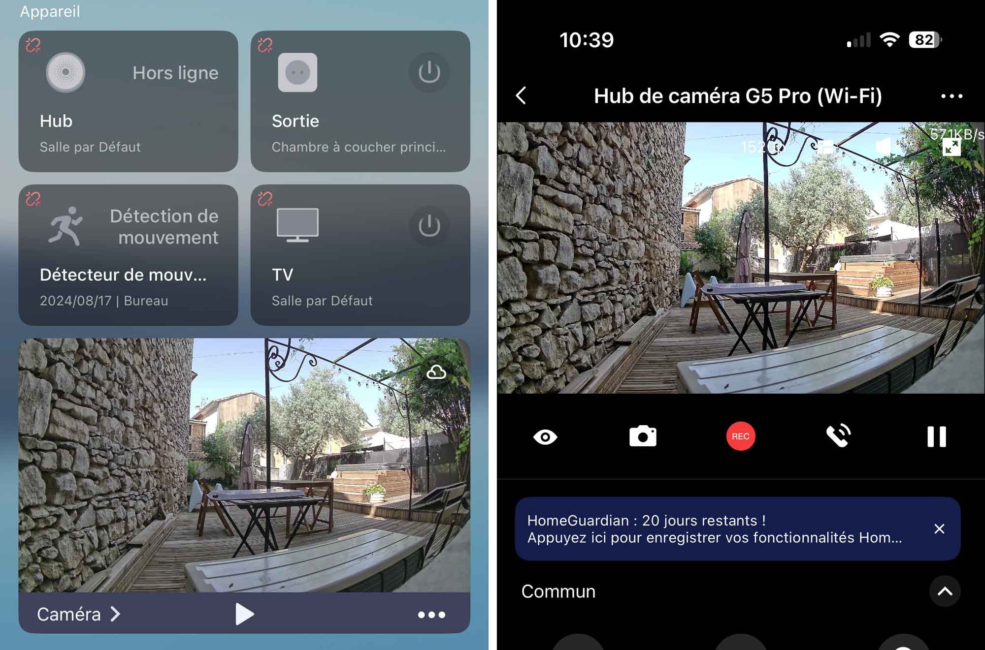 Aperçu de l’application Aqara avec notification de détection et affichage vidéo en haut de l’écran.