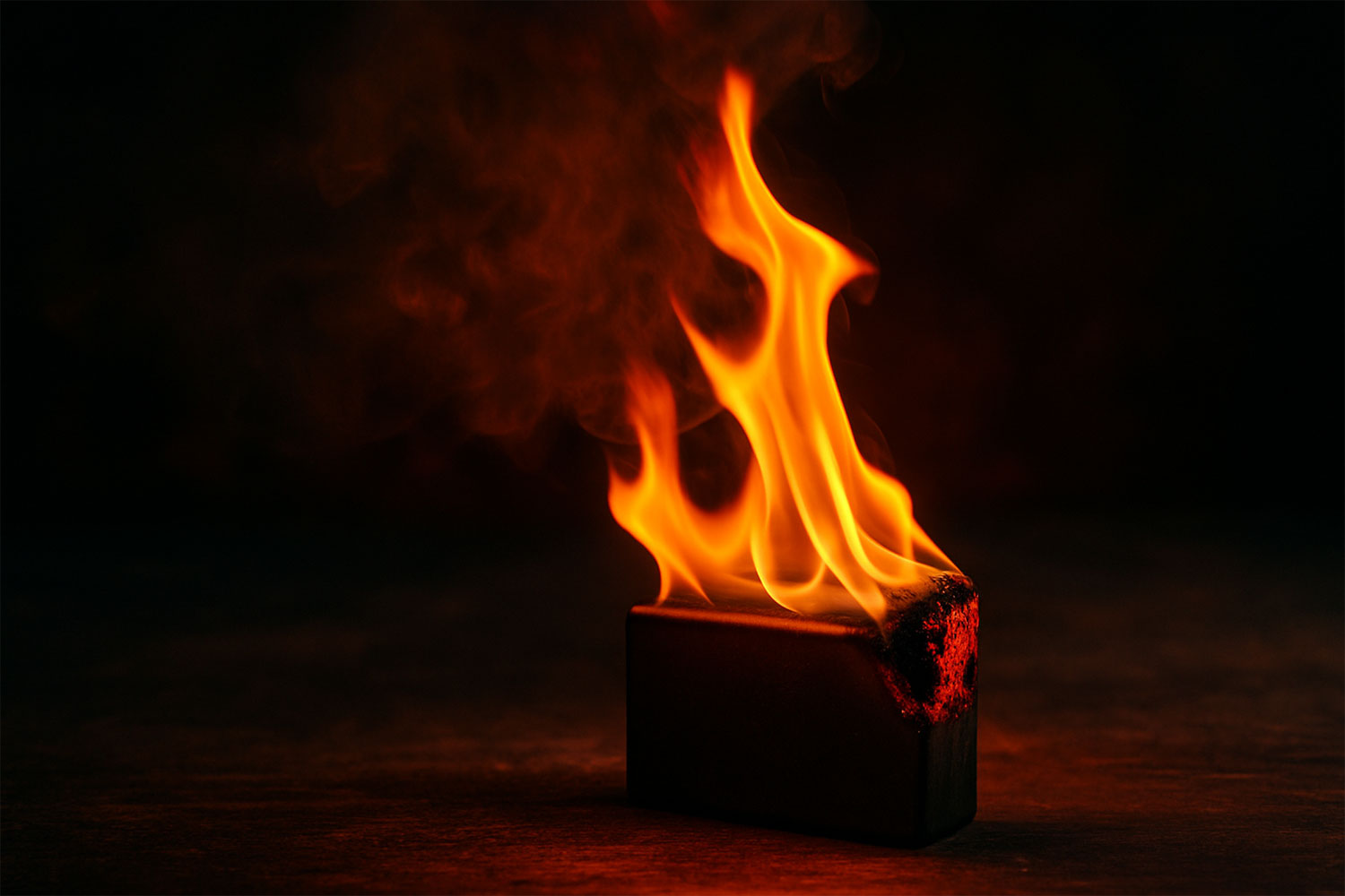 Batterie en feu sur un sol sombre, avec flammes intenses et fumée épaisse