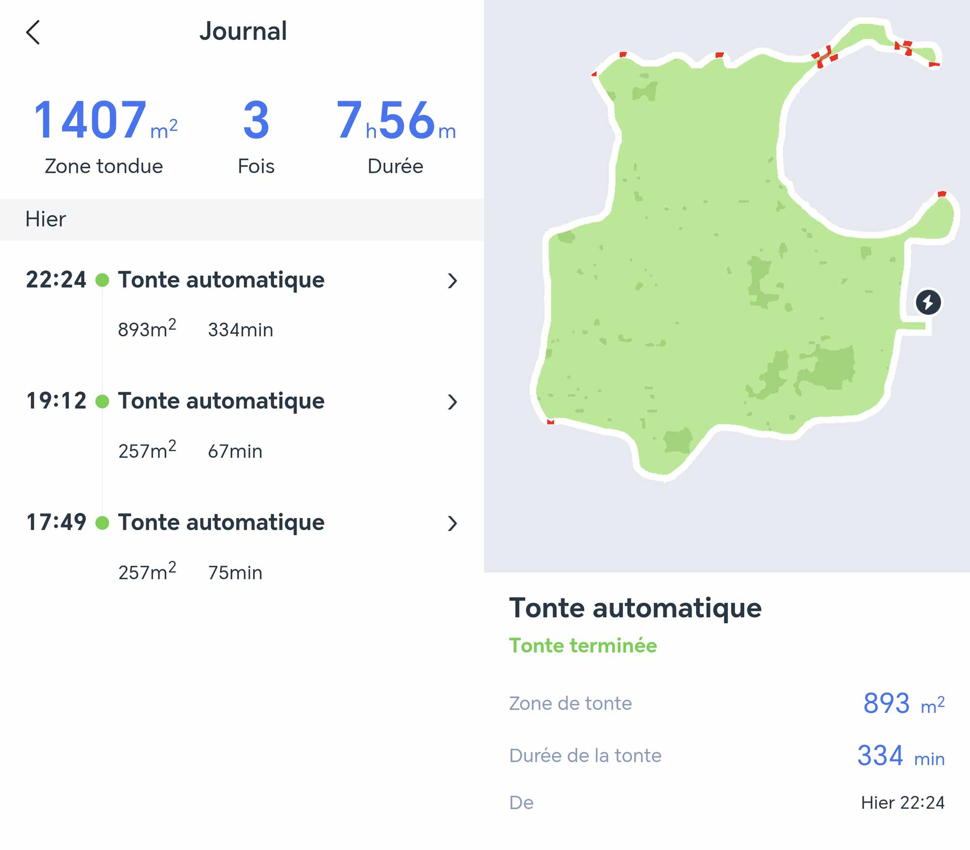 Capture du journal de tonte et de la carte de navigation du robot Ecovacs Goat A3000 LiDAR dans l’application mobile Ecovacs