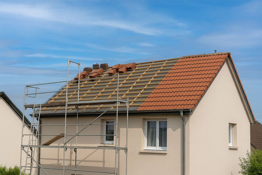 Maison individuelle en cours de rénovation de toiture avec échafaudage et tuiles visibles