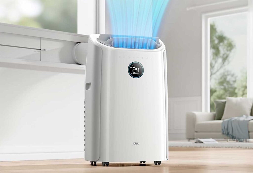 Climatiseur mobile diffusant de l'air frais dans une pièce de vie, illustrant la puissance en BTU