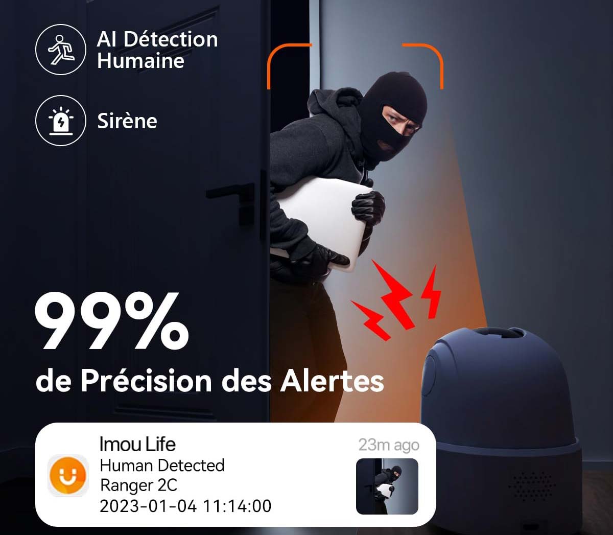 Sirène de sécurité intégrée à la caméra Imou déclenchée en cas d’intrusion.