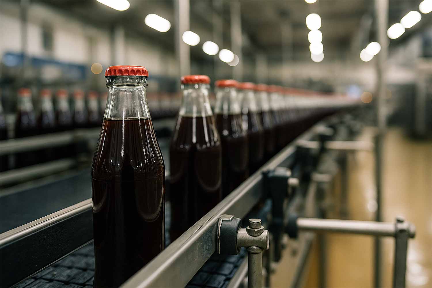Chaîne de production de boissons en bouteilles en verre avec capsules